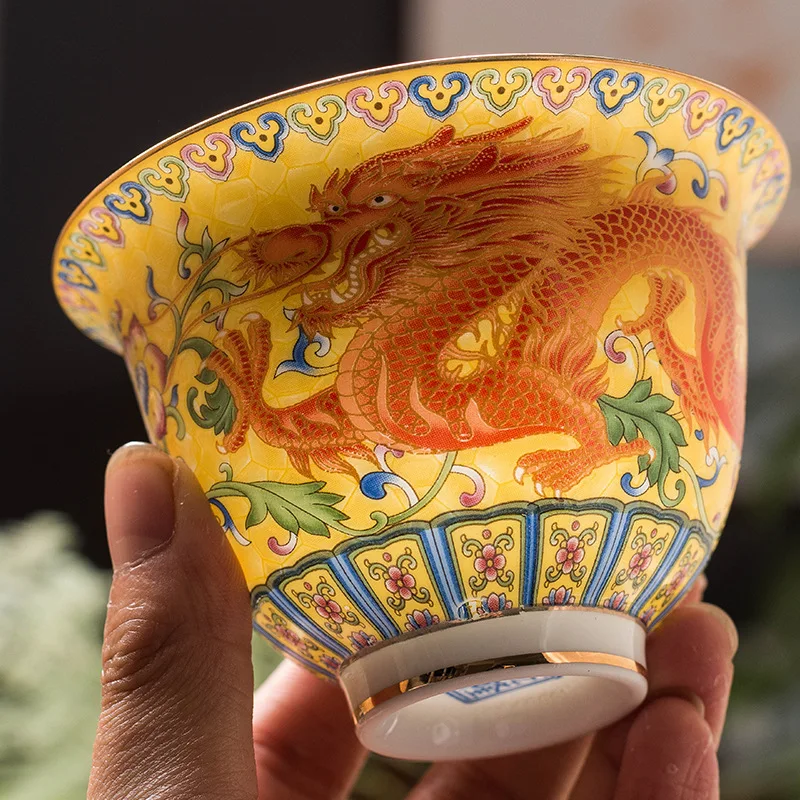 Enamel Color Gaiwan Single Dragon and Phoenix Master Cup, Large Ceramic Household Tea Brewing Bowl, High-End Tea Ceremony Bowl
