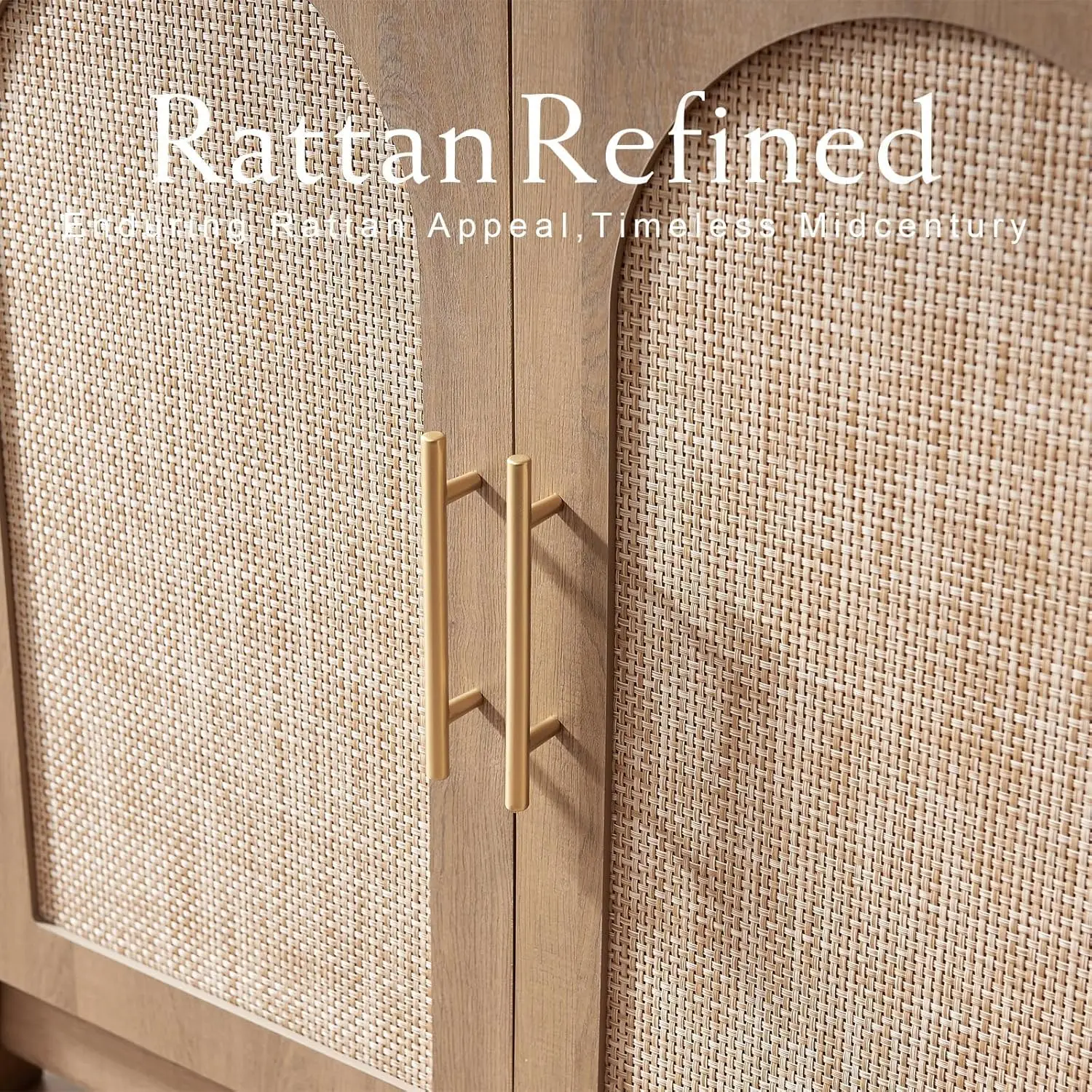 Arched Cabinet Bookshelf Bookcase - 69.3” Tall Mid Century Arched Display Cabinet, Rounded Bookshelf with Rattan Doors, Open