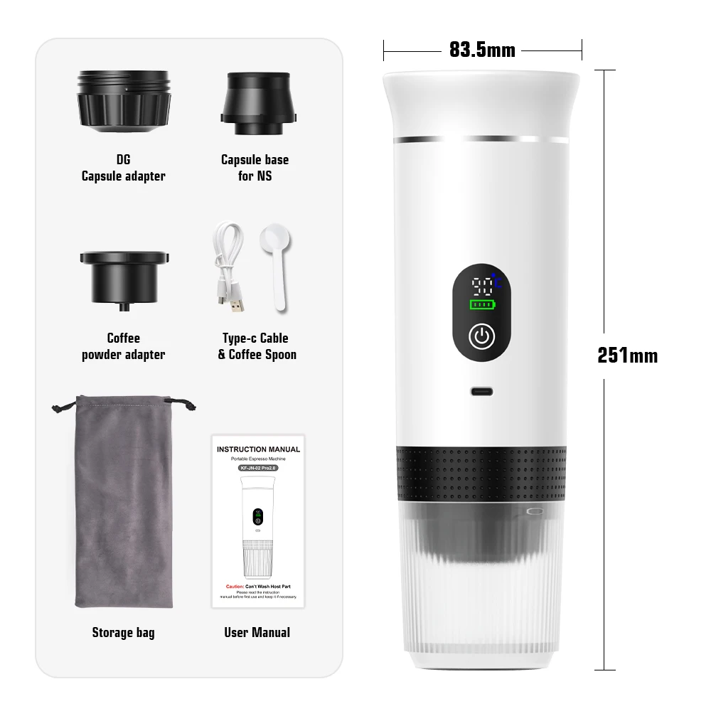 Cafetera eléctrica portátil inalámbrica DENOKIN para coche y camping, con depósito de agua de 80 ml, pantalla digital, 3 en 1, para cápsulas de café en polvo y viajes.