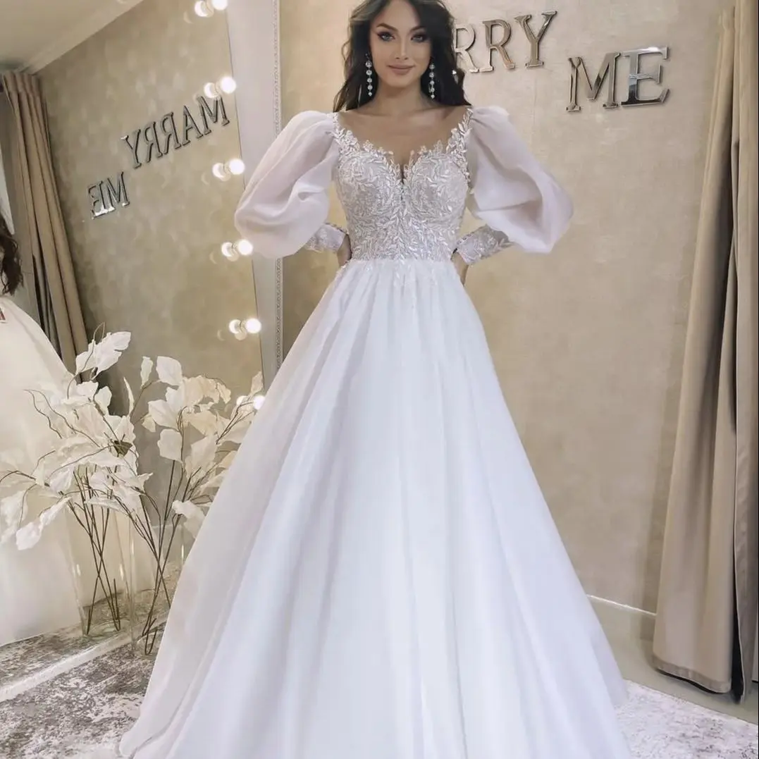 

Long Puff Sleeve Wedding Dress A-Line Organza White Lace Appliques For Women Customize To Measures Bridal Gowns Elegant Gorgeous