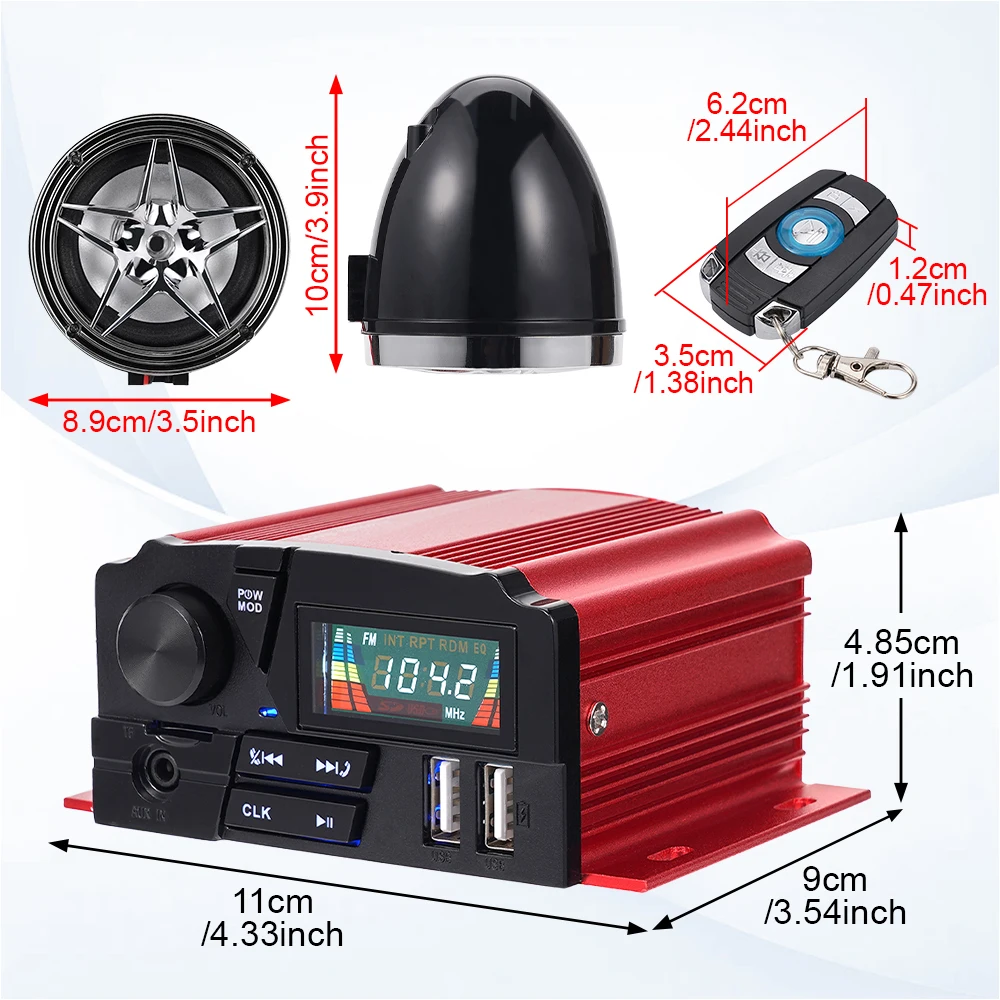 1세트 12V 오토바이 블루투스 오디오 시스템 4채널 100W LCD 화면 앱 원격 FM 라디오 USB AUX 핸즈프리 도난 방지 2 스피커
