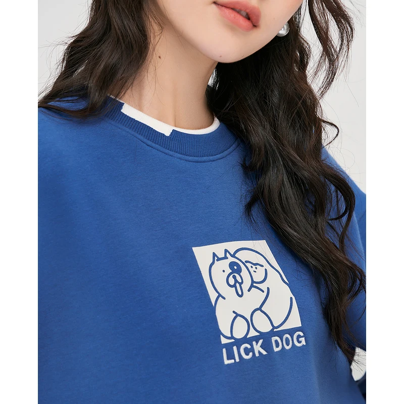 Toyouth Women Fake Two Piece Sweatshirts 2022 Autumn Long Sleeve O Neck Loose Hoodies Dog Print Klein Blue Streetwear Pullover