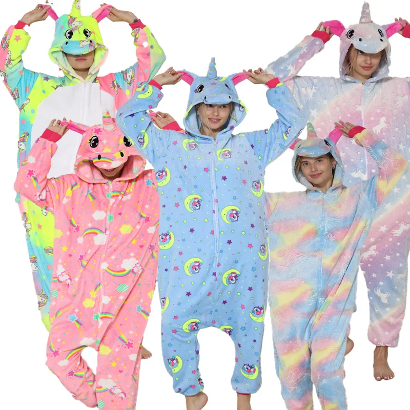 

Autumn and Winter Adult Women Couple Flannel Hooded Kigurumi Unicorn Cartoon Animal Pink One-piece Pajamas Outdoor Loungewear