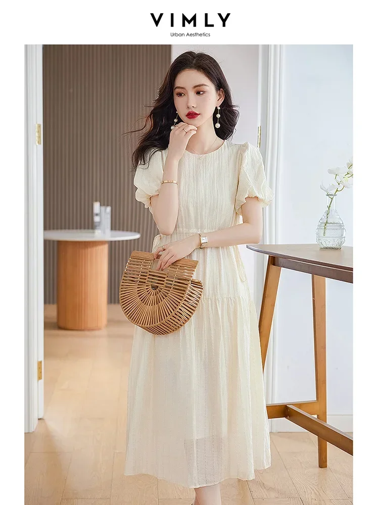 

Vimly Apricot Beach Style Midi Dress for Women 2023 Summer Elegant Short Sleeve Draw String Thin Lyocell Women's Holiday Dress