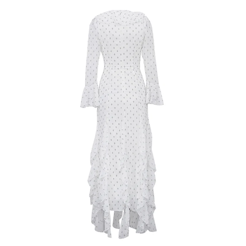 Damen Maxikleid mit Polka-Dot-Print, V-Ausschnitt, langen ausgestellten Ärmeln, Rüschensaum, asymmetrisches Kleid, lässig, für den Alltag, für ein Date, Abendkleid für Damen – Detail 2