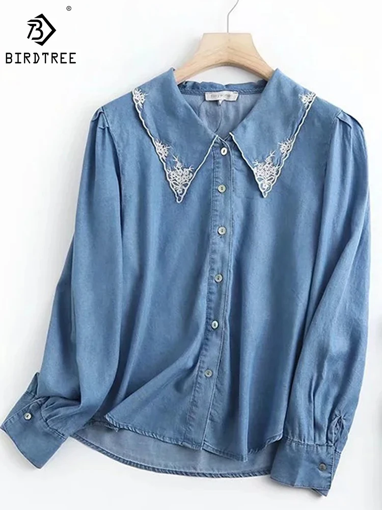 

2023 Autumn New Tencel Cotton Denim Shirt Embroidered Doll Collar Design Sense Loose Long Sleeves Casual Blouse Women T39531QD