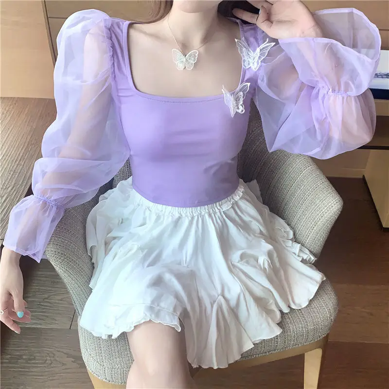 

Two butterflies purple fairy netting bubble sleeve top square neck Pullover short T-shirt women new autumn 2020