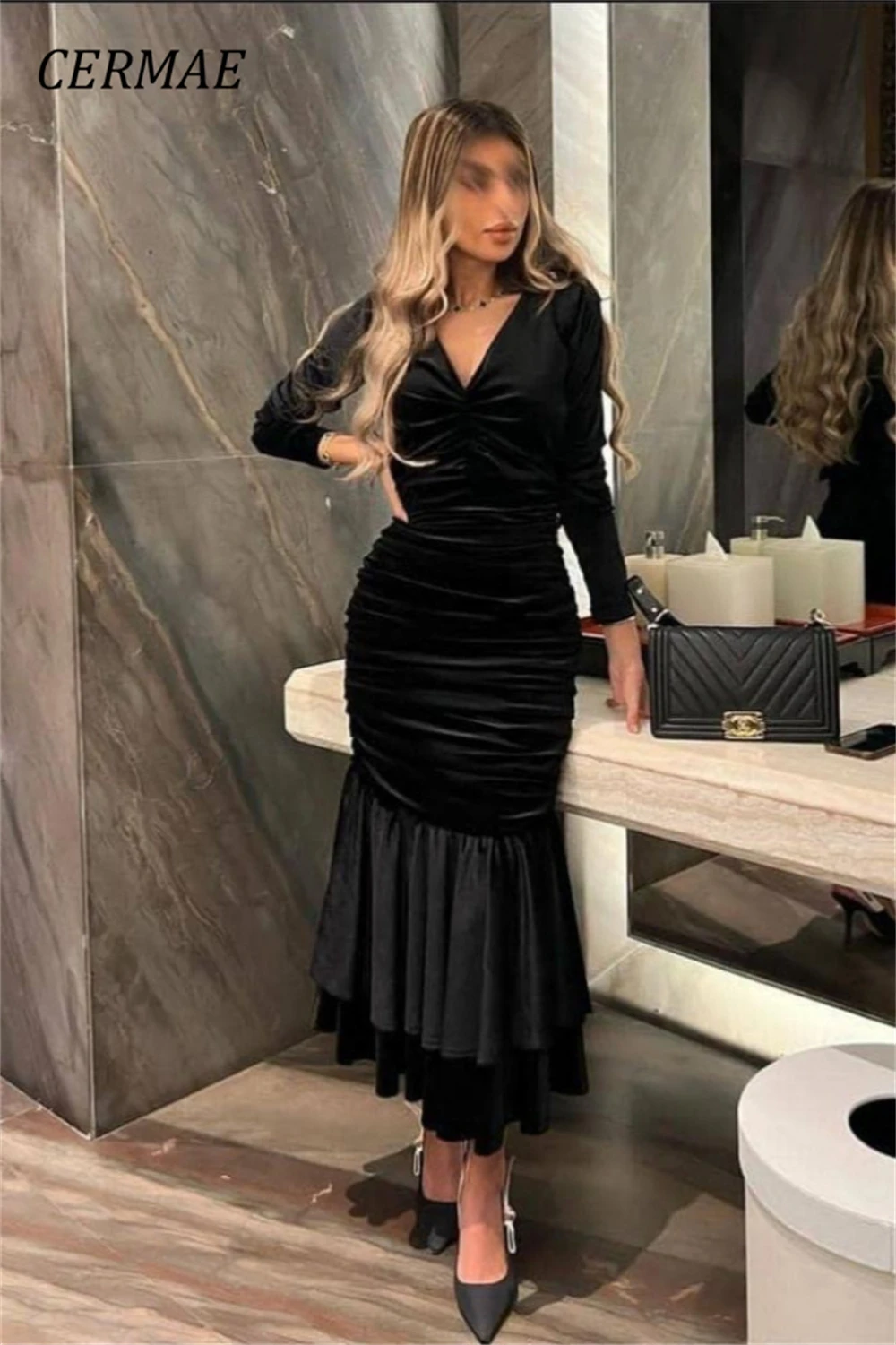 

CERMAE Mermaid Long Sleeve Cotton Formal Evening Gown Prom Black V-Neck Sheath Party Formal Dresses for Women 2023