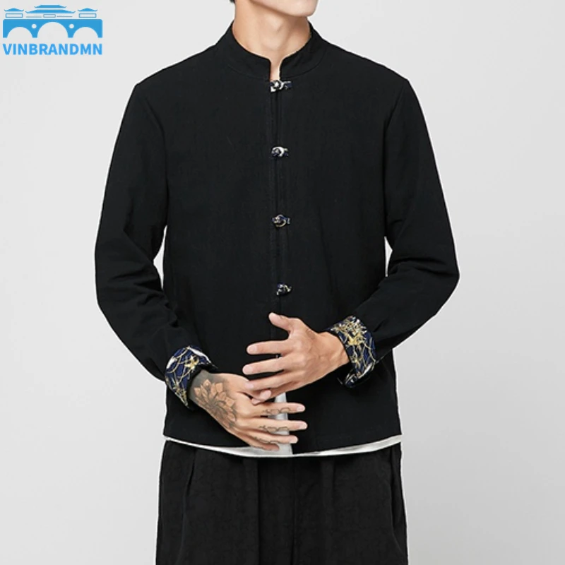 

2022 Chinese Suit Linen Shirt Long-sleeved Bottoming Shirt Men's Clothes Buckle Ancient Style Top Buddhist Meditation Clothes