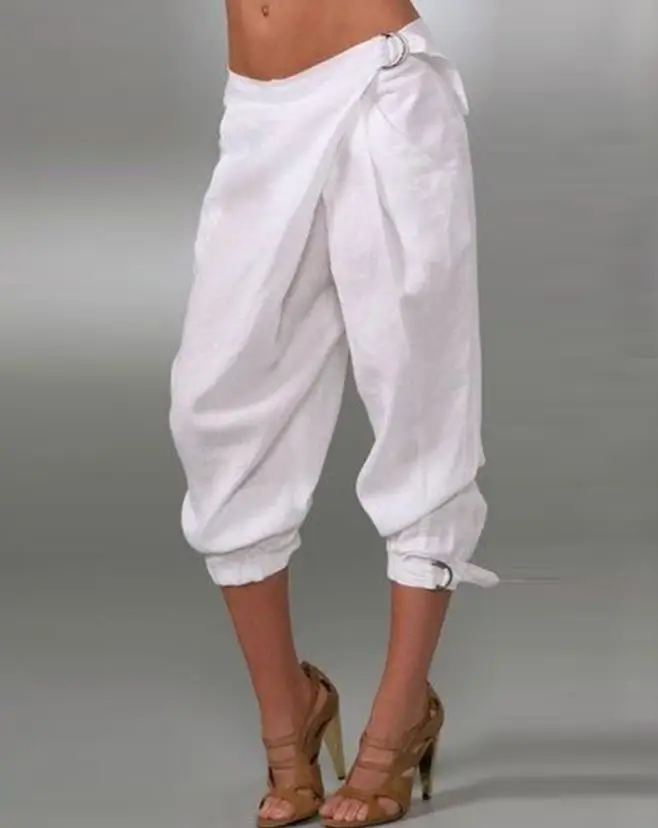 Women\'s Cropped Pants 2023 Summer Solid Color Buckle Pocket Design Cuffed Pants High Waist Casual Loose Capris Trendy Streetwear