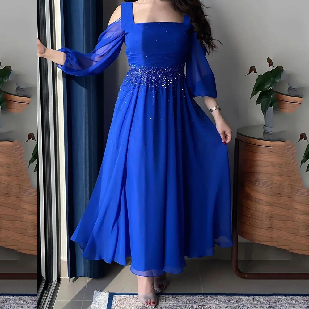 

Chiffon Prom Gown A-line Pleat Square Neck Illusion Long Sleeve Charming Evening Party Dresses فساتين للحفلات الراقصة