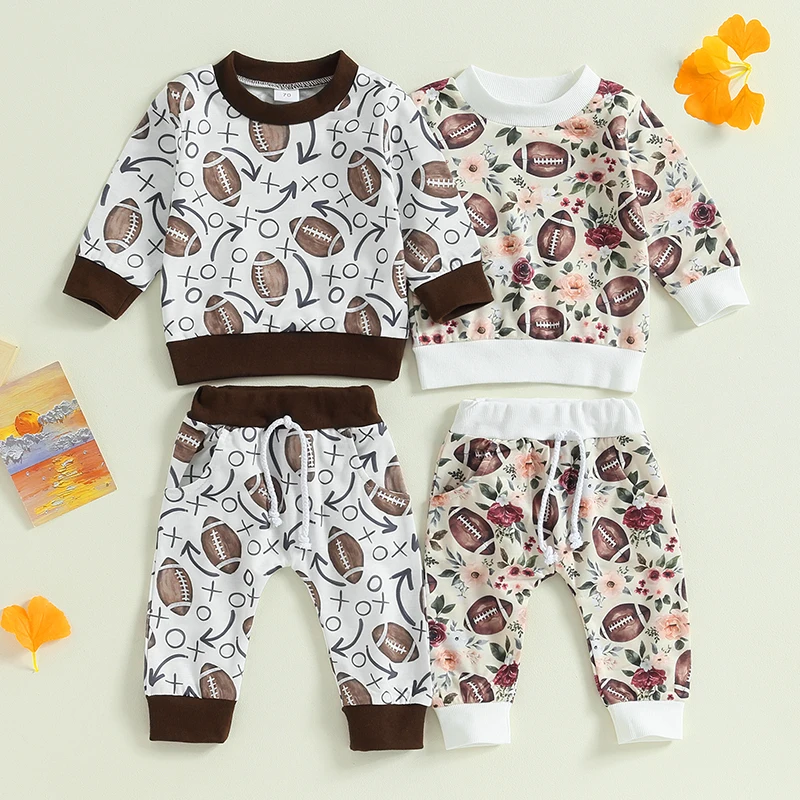 -06-12 Lioraitiin 0-3Years Toddler Baby 2Pcs Fall Outfit Football Print Long Sleeve Tops and Elastic Long Pants Set