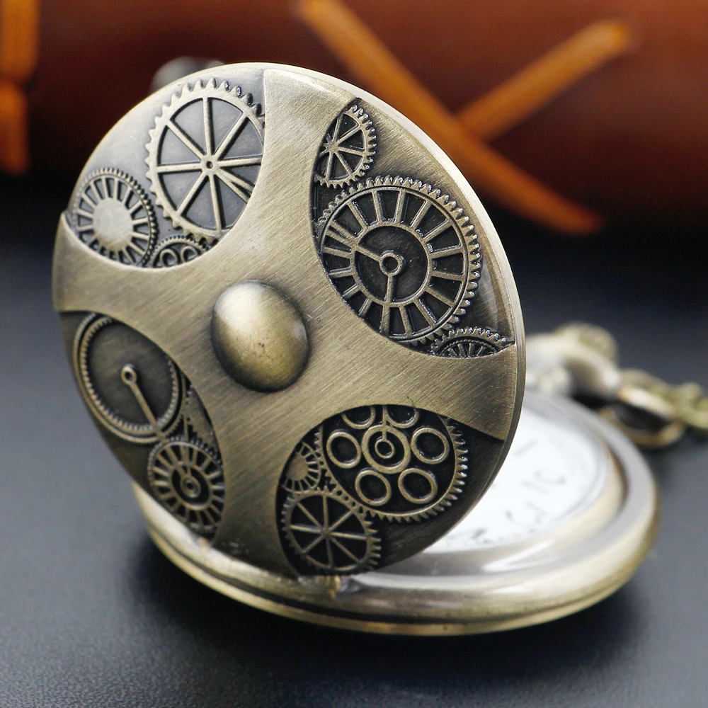 Featured Antique Cross Gear Carved Quartz Pocket Watch Steampunk Vintage Necklace Pendant Fob Chain Clock Men's Christmas Gift drop shipping 1pcs lot mens robot pocket watch cute bronze montre de poche antique steampunk style quartz steampunk