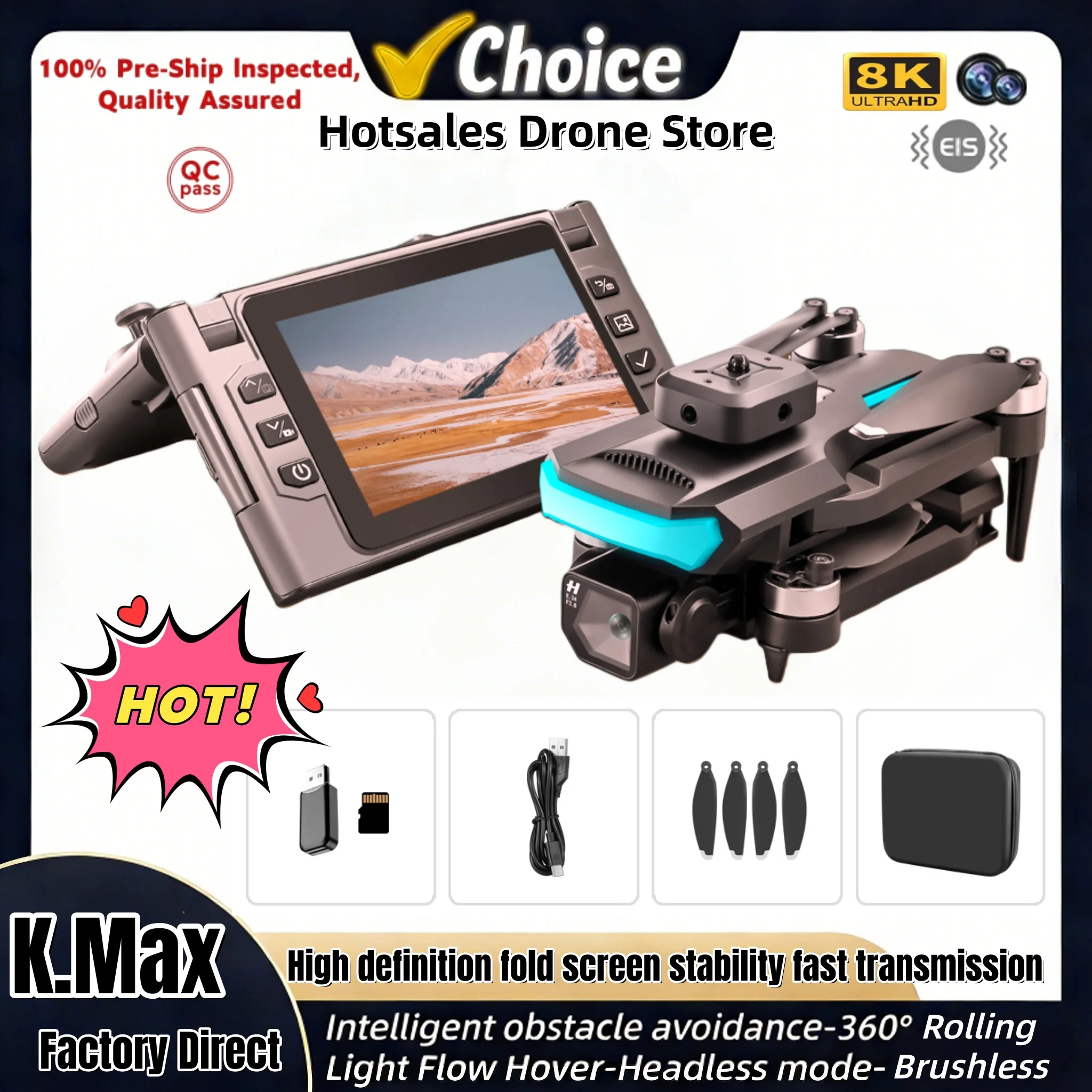 Nuovo Drone Pieghevole Kmax con Schermo da 4,5 Pollici, Videocamera 8K, Posizionamento Ottico, Evitamento Ostacoli, Motore Brushless