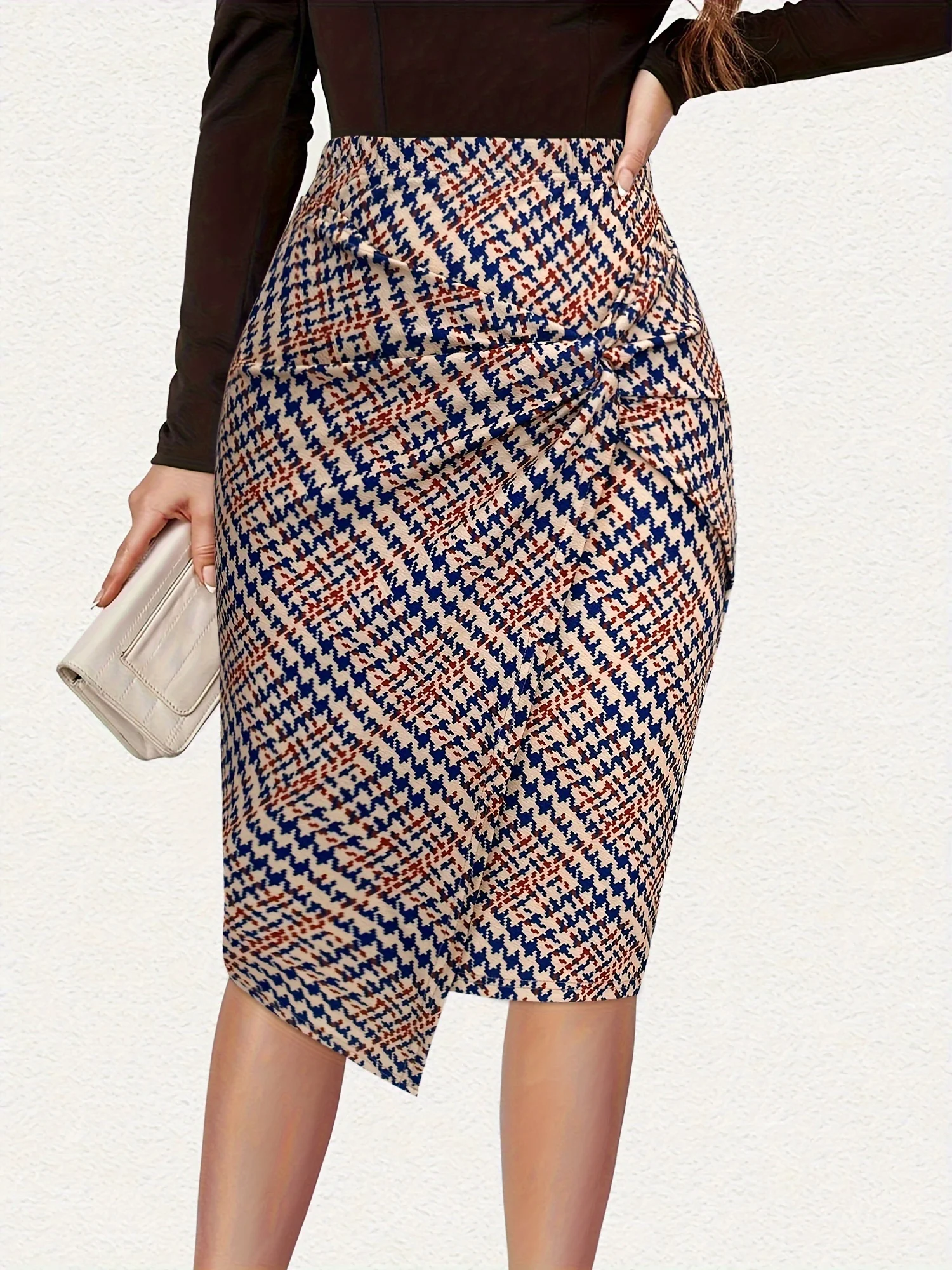 Women's Houndstooth Print Pencil Skirt | Twisted Knot Midi Skirt with Asymmetrical Hem 1
