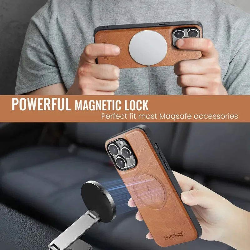 Magnetic Detachable Leather Wallet Phone Stand with Wireless Charging Compatibility