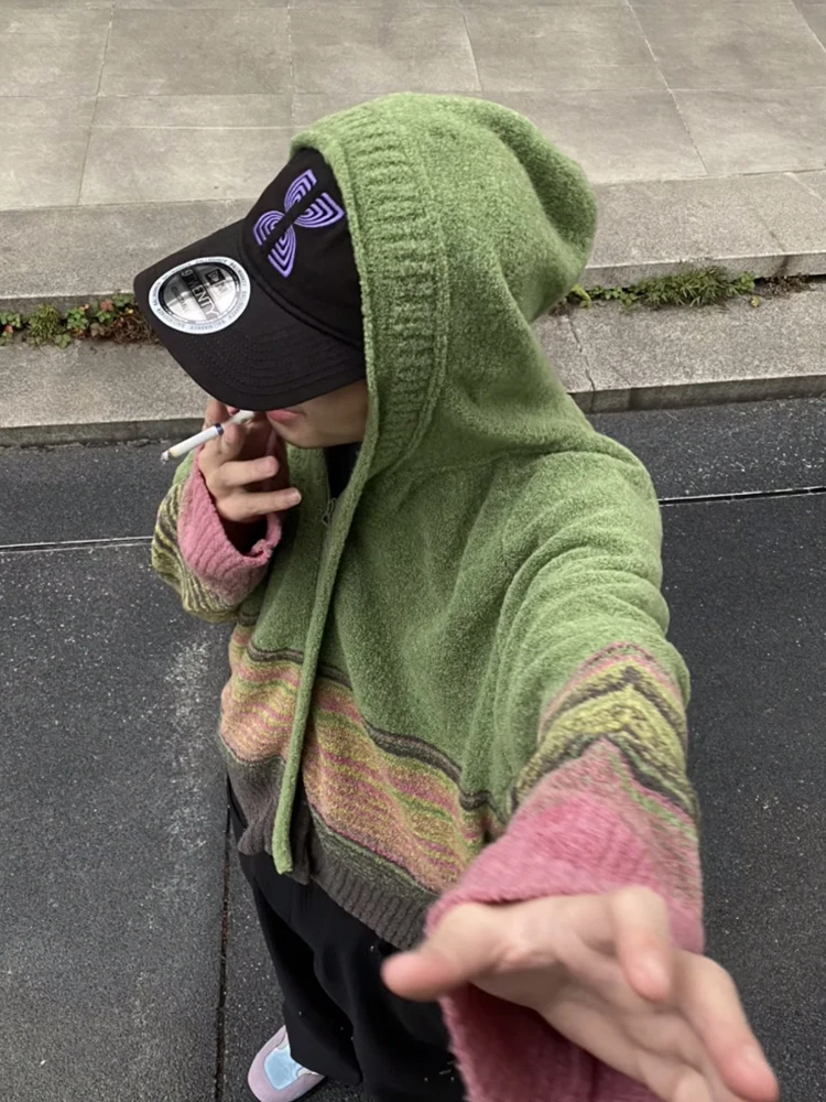 KikoKostadinov KEOY Zipper ort Knitted Wool Sweater Hooded Cardigan ex Spring Autumn Faion Stripe Pattern Youthful