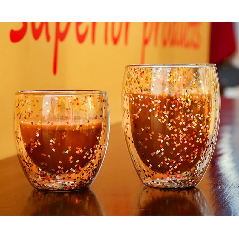 P82D for Creative Double Wall Glass Cups Sequins Star for Wish Glasses Mugs Home Party Bar Wine Cocktail Coffee Milk Glass