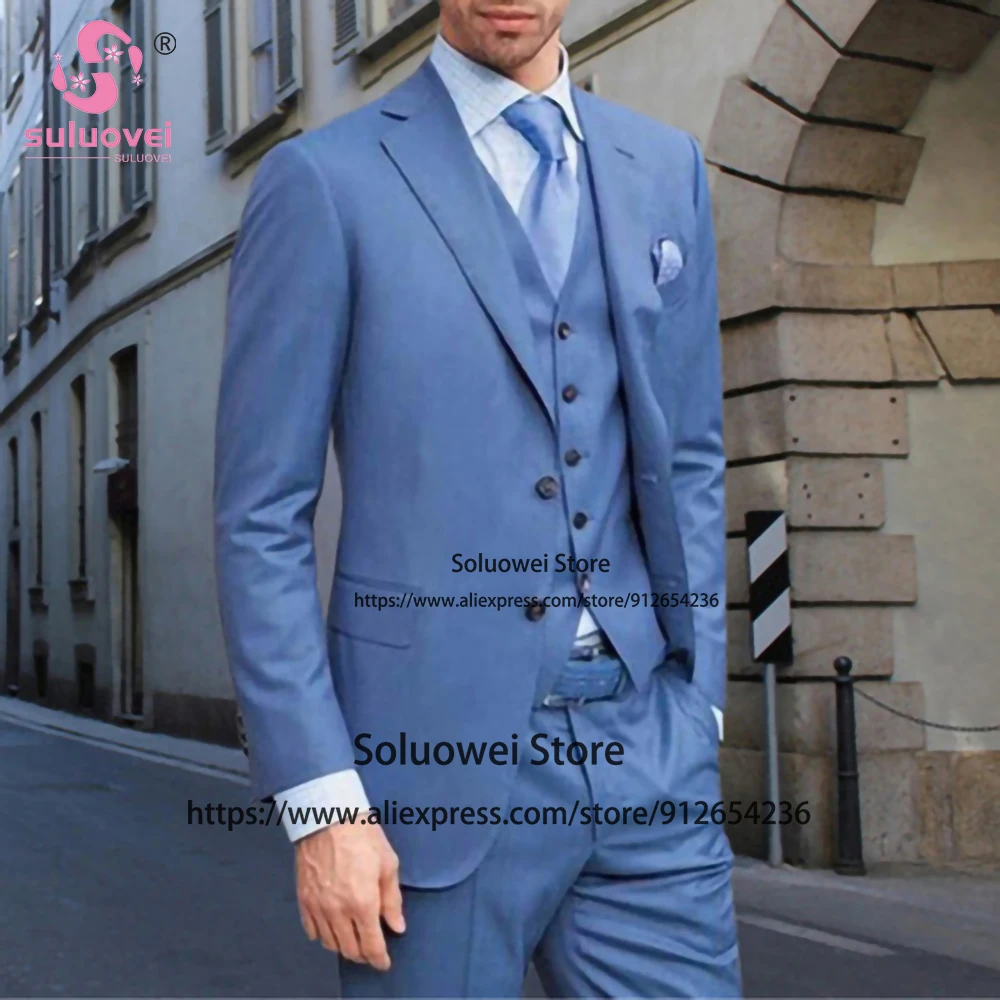 Fashion Blue Suits For Men Slim Fit 3 Piece Jacket Vest Pants Set Business Blazer Formal Office Groom Wedding Notch Lapel Tuxedo