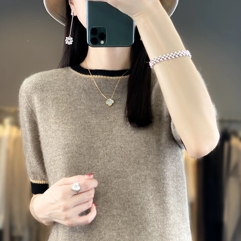 

2023 Fall Winter New Woolen Sweater Women's Crew Neck Color Matching 100% Pure Wool Loose Temperament Luxury Knitted Half Sleeve