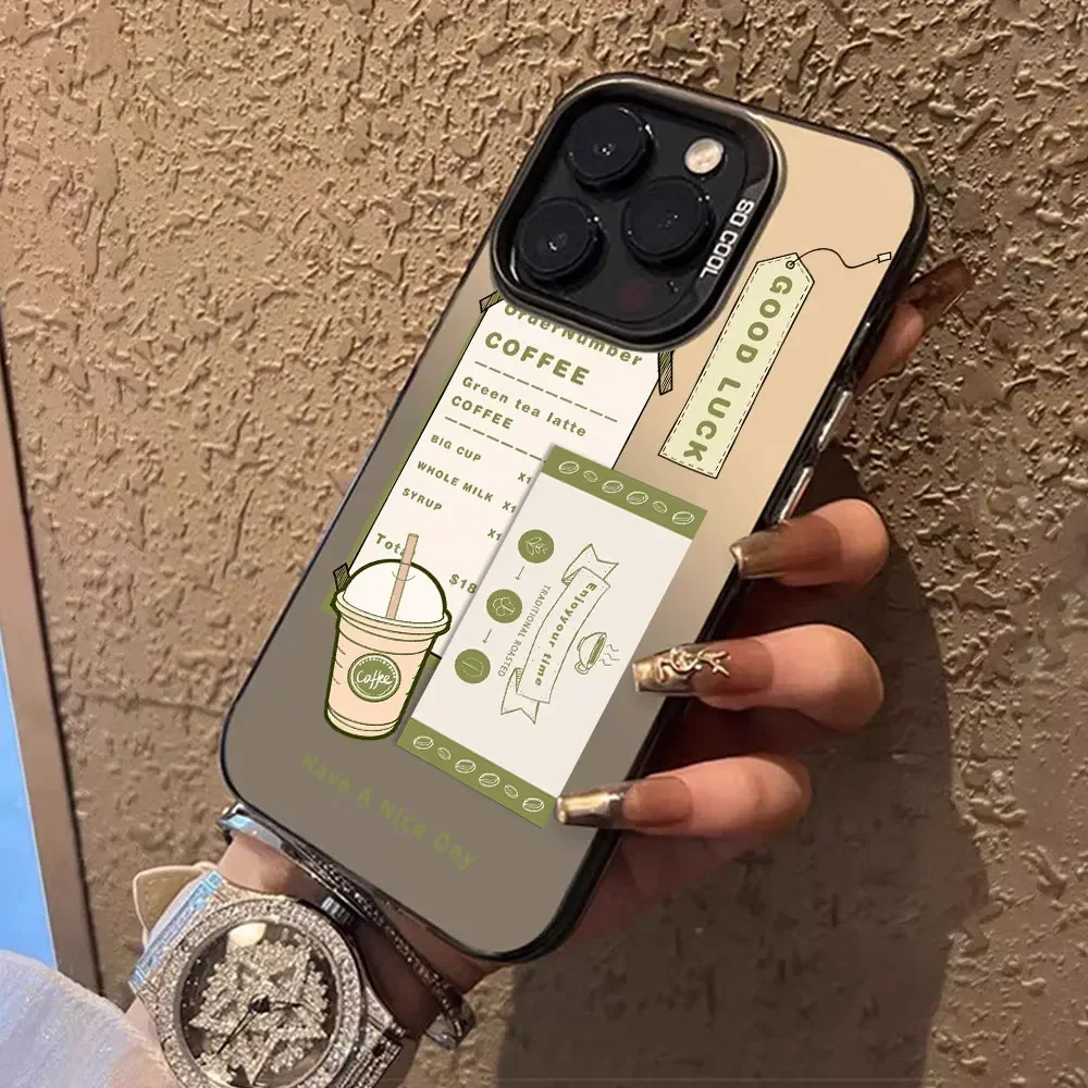 Trendy Luxury Silver Matte Shockproof Phone Case with Coffee Label Design