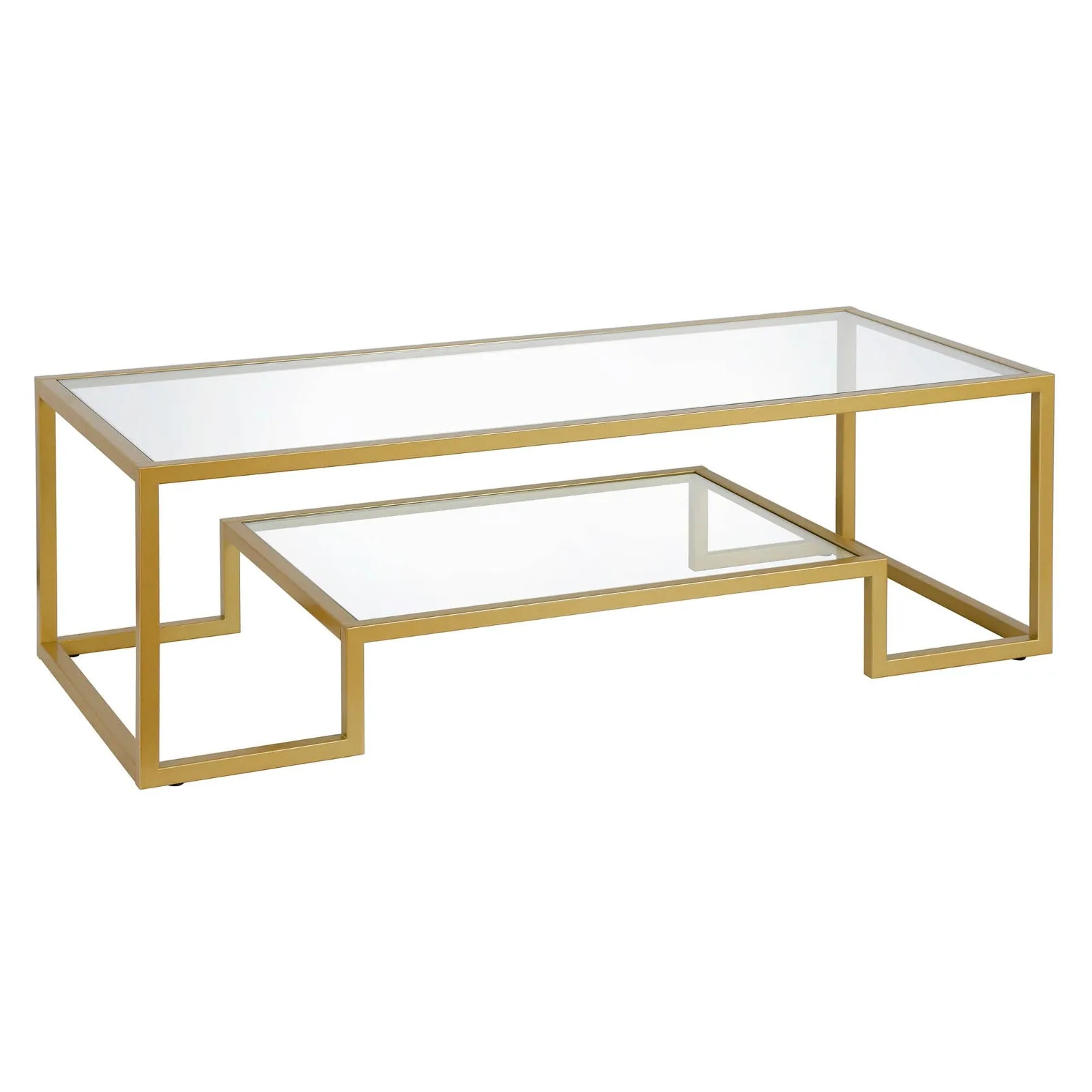 

US 54 in. Brass Rectangle Glass Top Coffee Table with Shelves