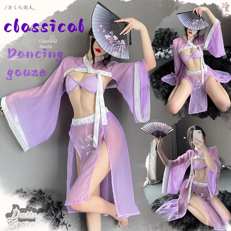 

Cosplay Sexy Embroidery Hollow Out Deep V Lingerie Han Costume Chinese Style Cheongsam Open Back Transparent Uniform Set