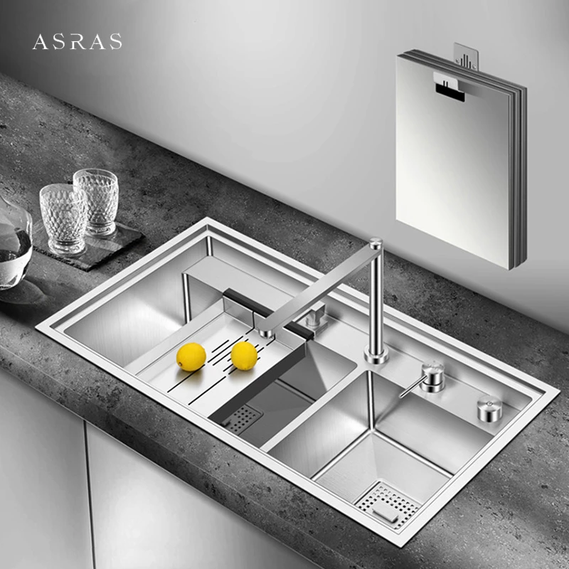 ASRAS fregadero cocina de acero inoxidable 304, 4mm espesor, hecho a mano, cepillado, tres cubiertas ocultas, tamaño grande, Doble|Fregaderos de cocina| - AliExpress