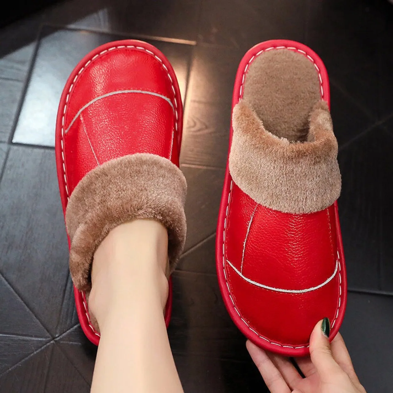 Autumn Winter New Thick Leather Cover Toe Warm Breathable Woman Couple Household Indoor Non-slip Waterproof Cotton Slippers Man 3