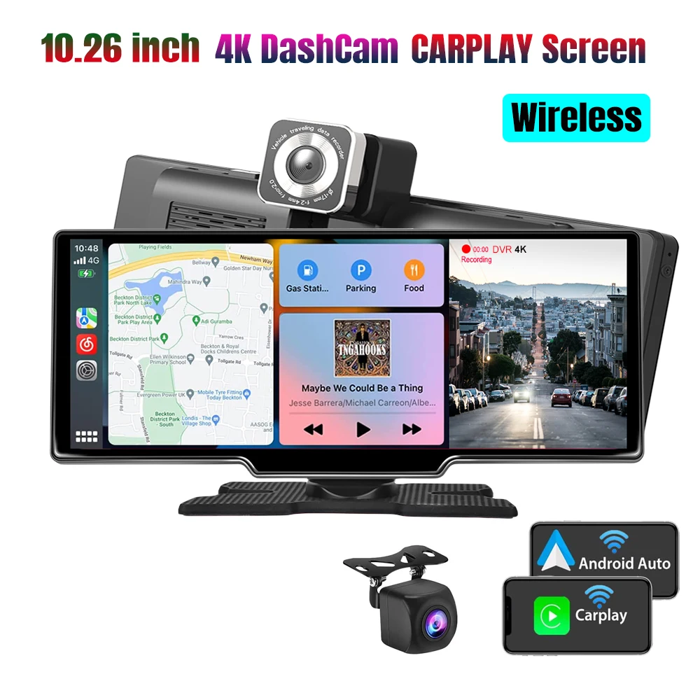 10.26 inch dashcam DVR  Car Carplay android auto wireless driving recorder  dual lens BT FM AUX 64G OBD Parking monitoring