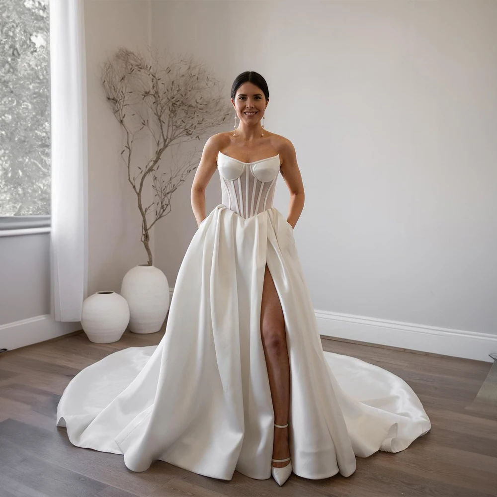 

Simple Off the Shoulder Pleated Wedding Dress for Women Sleeveless Sexy Side Split Wedding Gown A-line Court vestidos para mujer
