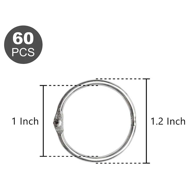 60개 루즈리프 바인더 링 1인치 사무용 북 링, 니켈 도금 스틸 바인더 링, 키링, 금속 북 링