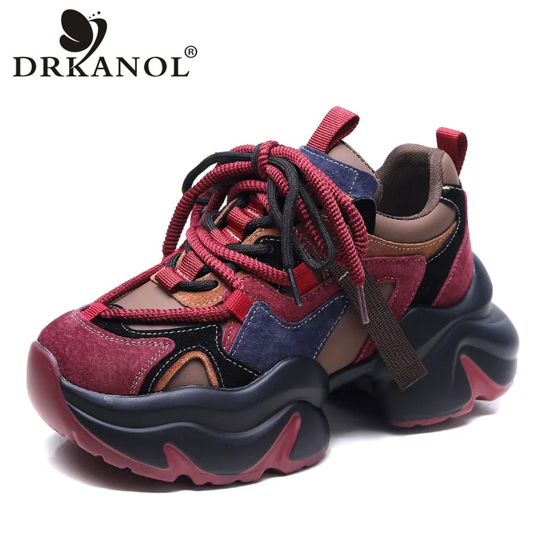 

DRKANOL 2024 Fashion Women Sneakers Mixed Colors Cow Suede Leather Lace Up Sneakers Lady Chunky Platform Shoes Wedges Dad Shoes