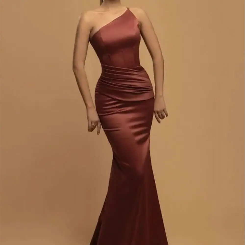 

Mermaid Evening Dresses For Black Women One Shoulder Pleats Draped Satin Formal Special Occasion Birthday Party Prom Gowns