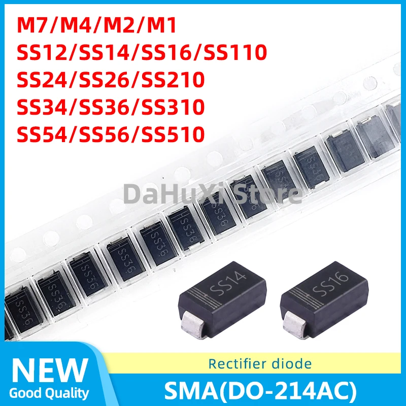 50 шт., выпрямительный диод SMA M7 M4 M2 M1 SS12 SS14 SS16 SS110 SS24 SS26 SS210 SS34 SS36 SS310 SS54 SS56 SS510 1N4007