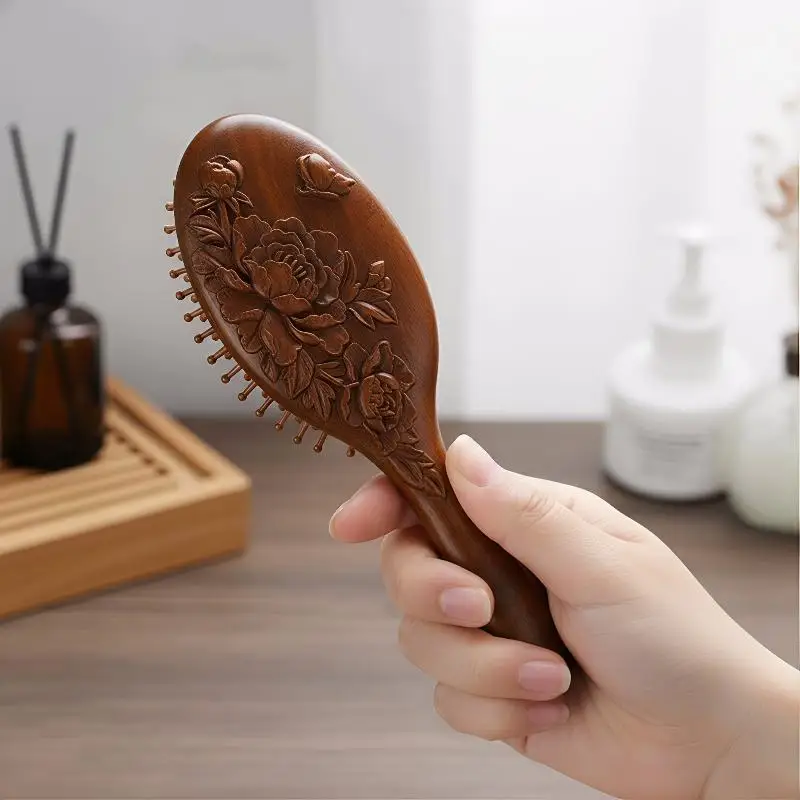 손으로 조각한 백단향 나무 빗 타원형 나무 에어쿠션 빗 스타일링 브러쉬 미세한 빗살 두피 마사지 브러쉬