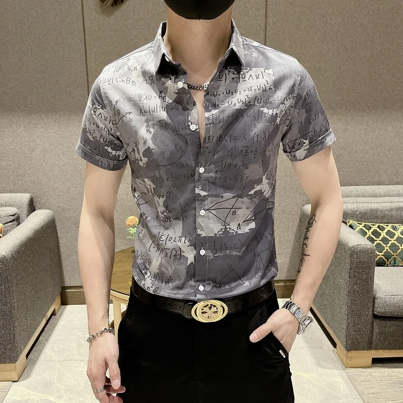 

Summer Letter Printed Shirts Men Fashion Short Sleeve Casual Shirts Slim Business Social Dress Shirts Streetwear Men Clothing