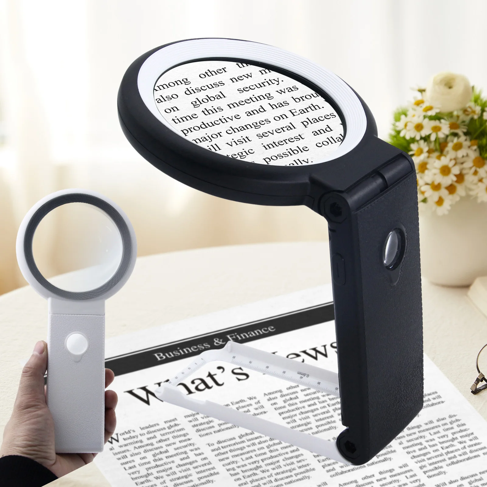 Handheld Magnifier 30X/10X Magnifying Glass with LED Light Foldable Handle for Reading Full Book Page Newspaper Support 3 Light