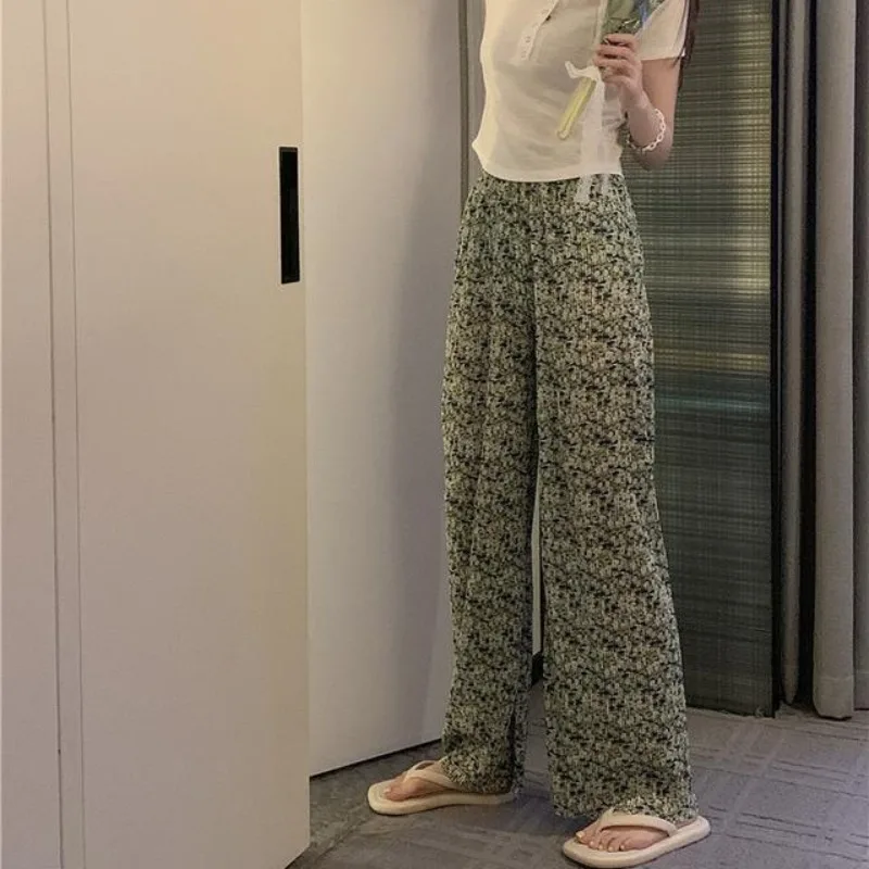 Women's Summer New Fashion Sweet Elasticized High-waisted Pleated Geometric Printed Loose Ruched Straight Casual Wide Leg Pants