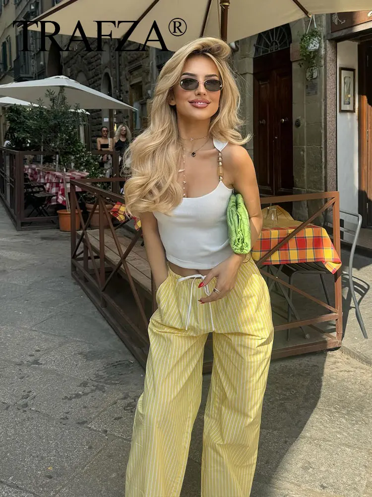 HH Women Yellow Striped Blouse Pant Sets Casual Button Long Sleeve Shirt Loose Drawstring Straight Trousers Streetwear Suit