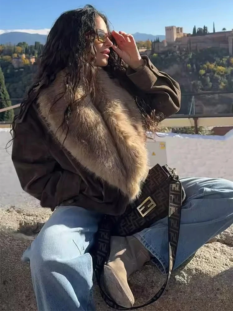 Women Faux Fur Collar Jacket 2025 Autumn Winter Women's Suede Coat Long Sleeve Loose Female Streetwear Casual New Outerwear