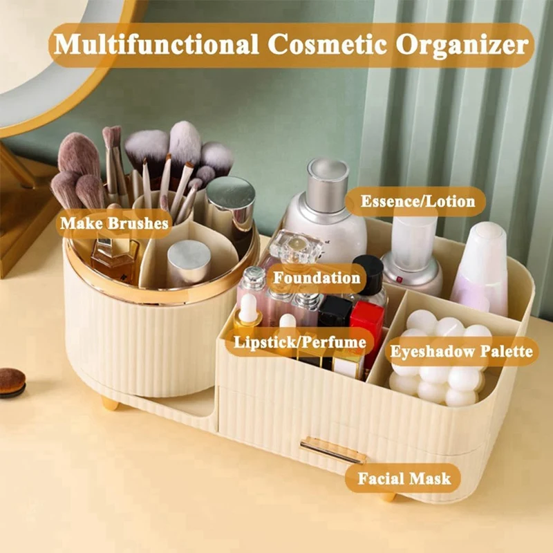 Makeup Organizer Countertop With Drawers 360 Rotating Makeup Brush Holder Capacity Skincare Organizer For Vanity Easy Install 4