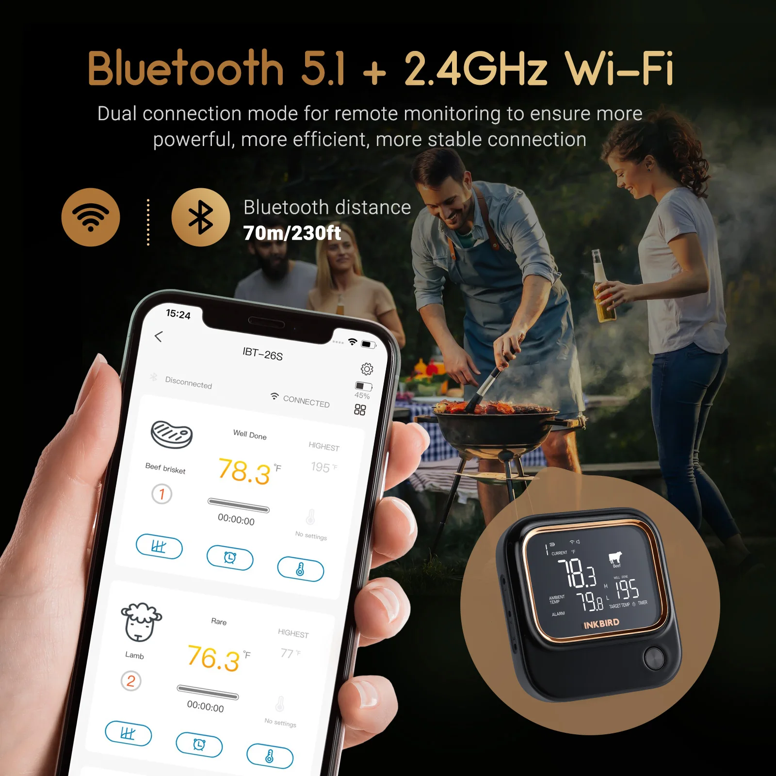 INKBIRD-termómetro con sondas de grado alimenticio, IBT-26S, Bluetooth, wifi, Control por aplicación, preajustes de carne, alarma, temporizador, LCD retroiluminado, 4/6