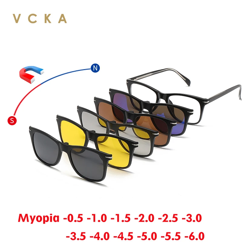 VCKA 6 In 1 Magnetic Clips Myopia Sunglasses Retro Prescription Eyewear Men Women Polarized Custom Optics Glasses -0.5 TO -6.0