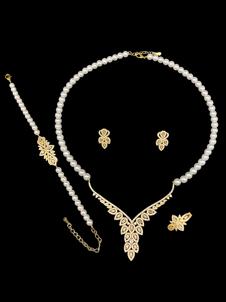 Falair 4 Pce Imitation Pearl & Zircon Jewelry Set, Copper Plated Hypoallergenic Set for Women, Wedding Anniversary Gift Box