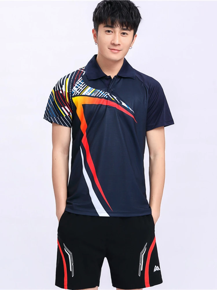 Summer Tennis T-shirt Badminton Clothing Short Sleeve Breathable Slim Tops Women Men Turn-down Collar Table Tennis Workout Shirt