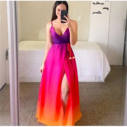 Summer Long Gradient Color Print Halter Neck Slip Dress Sexy Side Slit A-Line Skirt V-Neck Women's Fashion Dress