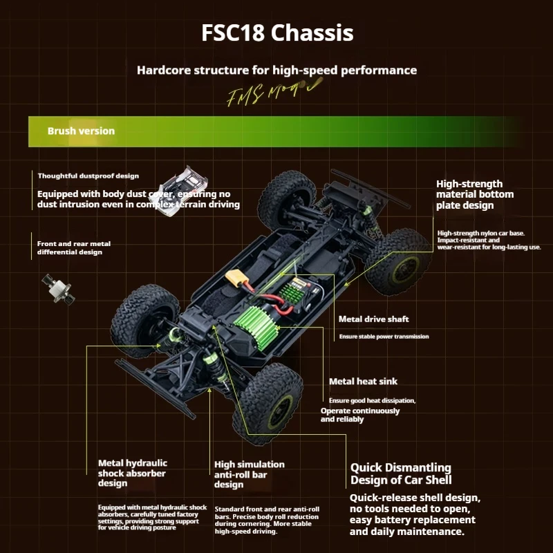 Fms 1/18 Fsc18 시뮬레이션 원격 조종 자동차 전동 클라이밍 자동차 오프로드 차량 RC 모델 자동차 남성 선물