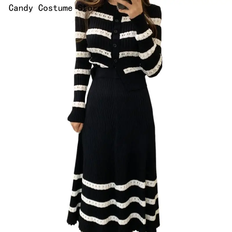 Ladies Two Piece Suits Autumn Winter Fashion Casual Striped Knitted 2 Piece Set Women Knit Cardigan Sweater + Long Skirt Suits