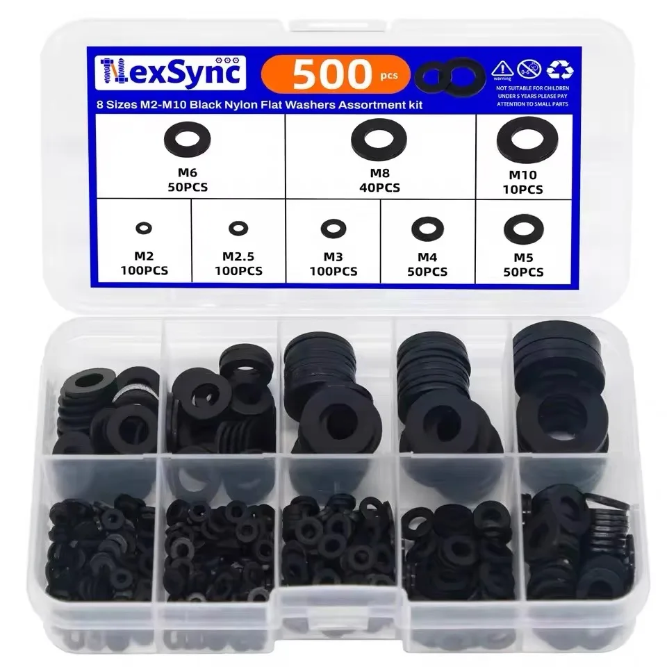 Nylon Washers 500pcs/1 Set Flat Assortment 8-size Safety Plates M2 M2.5 M3 M4 M5 M6 M8 M10 Sealing